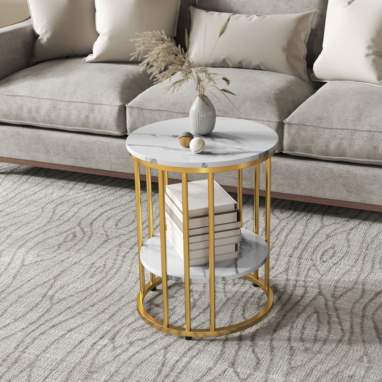 Marble-effect Round Coffee Table Set Of 2 For Living Room | Gold