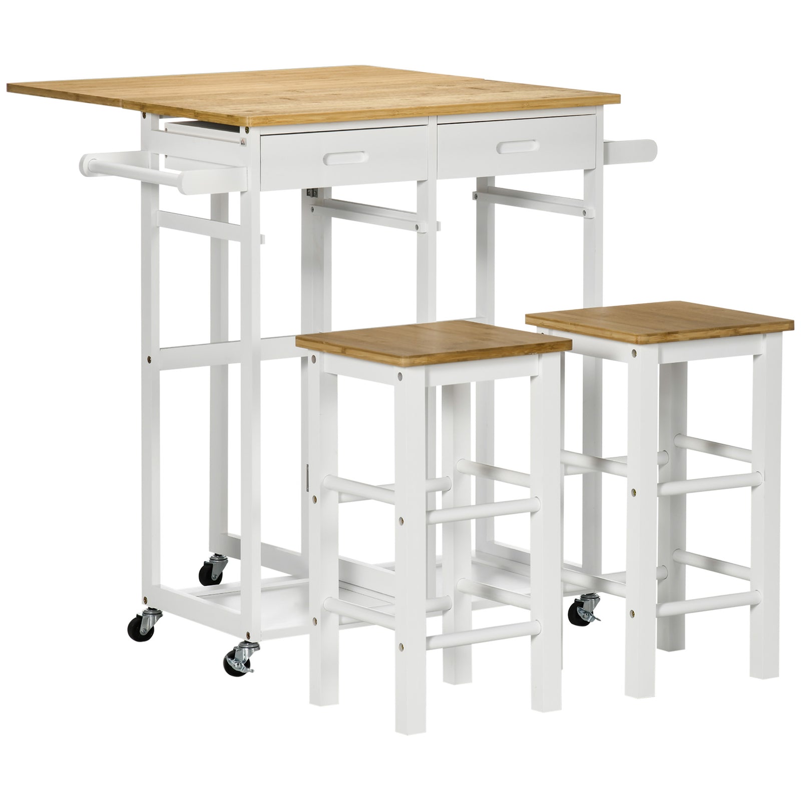 Drop Leaf Bamboo Breakfast Cart With Two Kitchen Stools