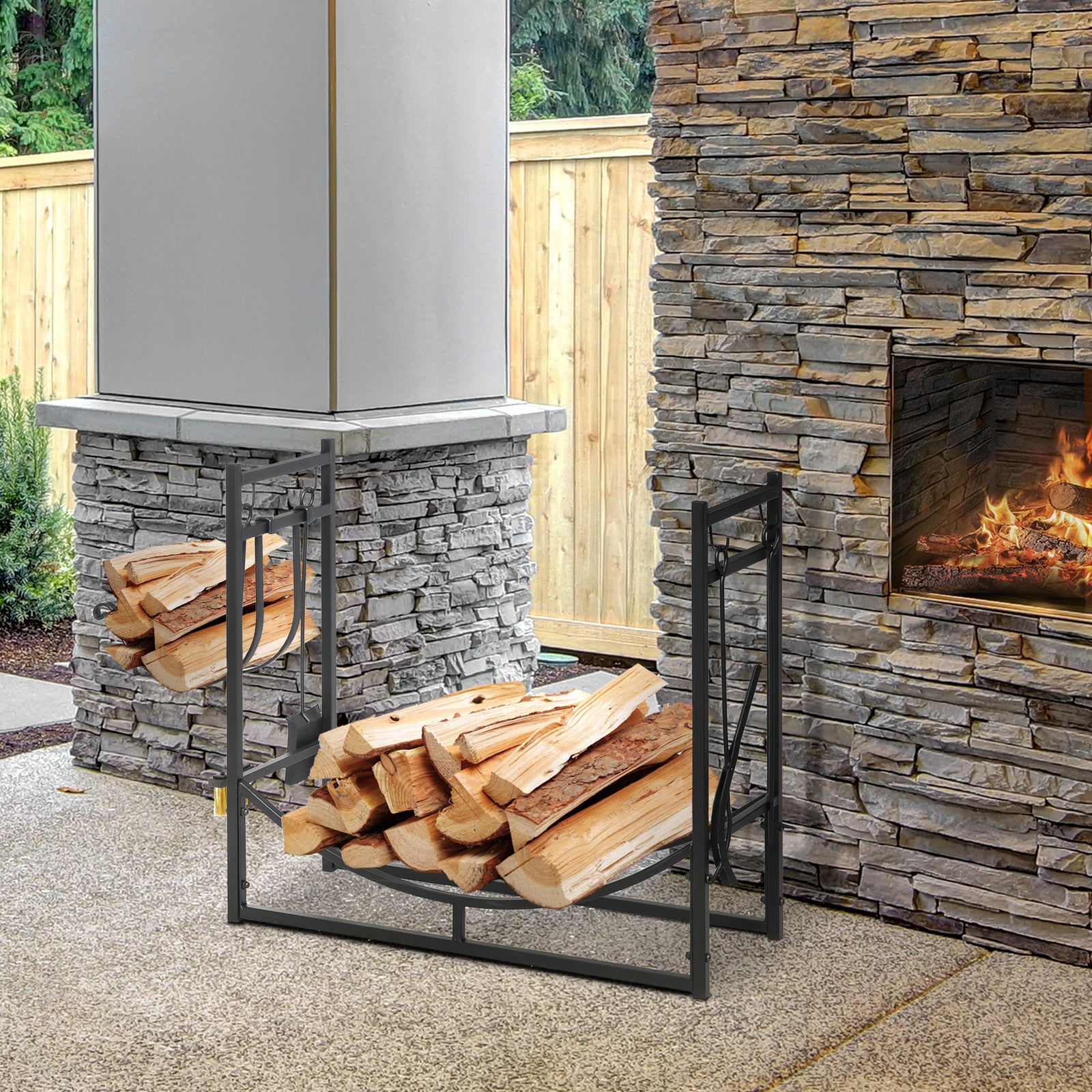 Firewood Stand W/ 4-pc Tools Set, Black
