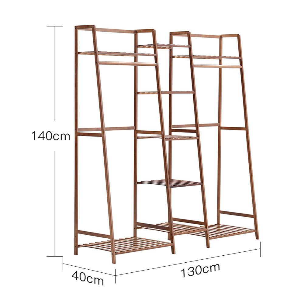 Bamboo Trapezoid Clothing Rack With 5-tier Storage Shelves Multi-functional Clothes Hanging Rack Stand | Brown