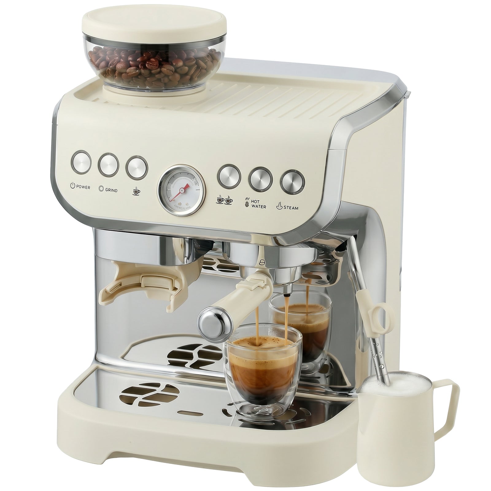 Espresso Machine, Bean Grinder & Steam Wand, 15 Bar Pressure | Cream White