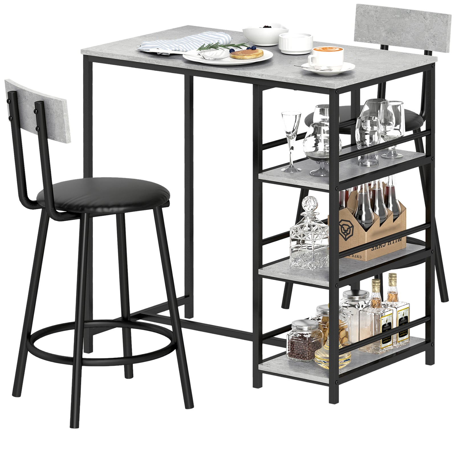 3 Piece Breakfast Bar Table Set With Storage Shelves, Light Grey