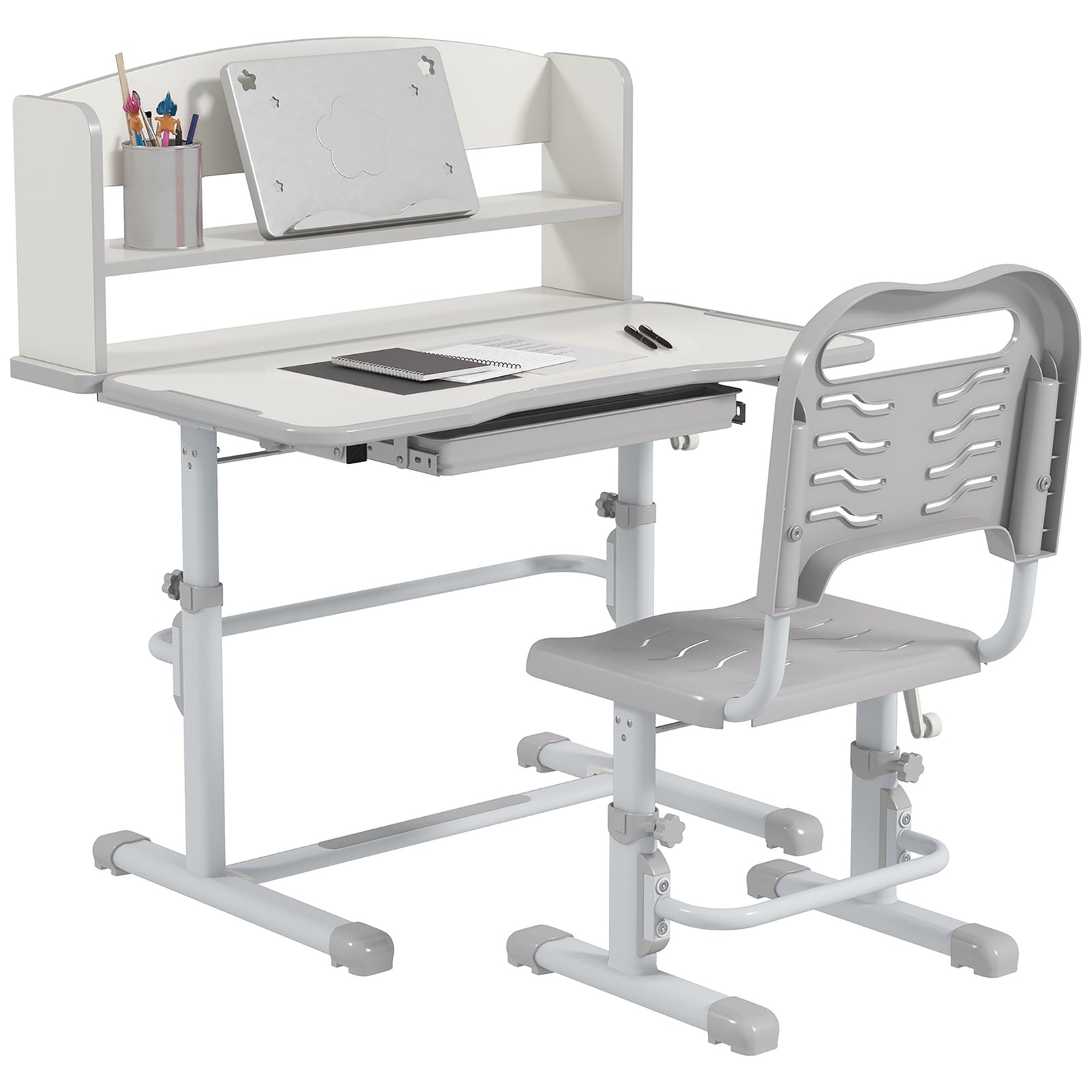 Height Adjustable Kids Desk And Chair Set, With Drawer, Bookshelf | Grey
