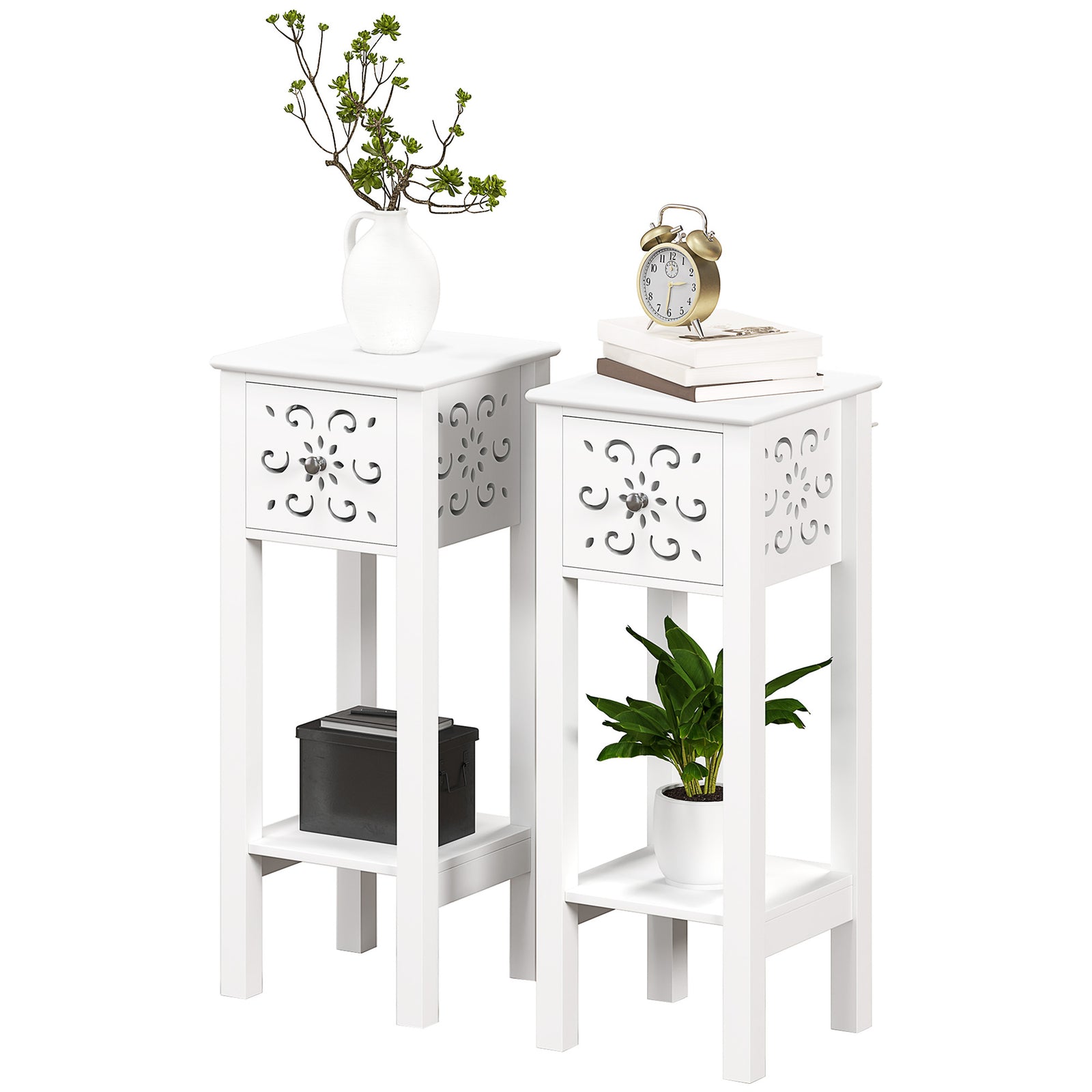 Bedside Table Set, End Table Set With Drawer Storage Shelf | One Size | White