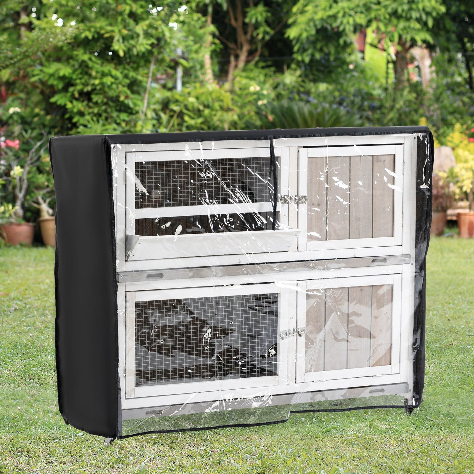 Two-tier Wooden Rabbit Hutch W/ Wheels, Trough, Rain Cover, Tray 
Grey