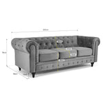 Chesterfield Scroll Arm Velvet Sofa 3 Seater | Grey