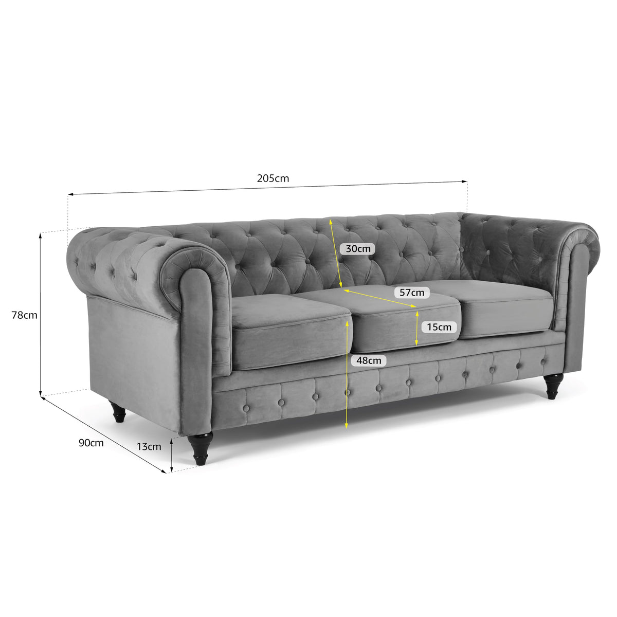Chesterfield Scroll Arm Velvet Sofa 3 Seater | Grey