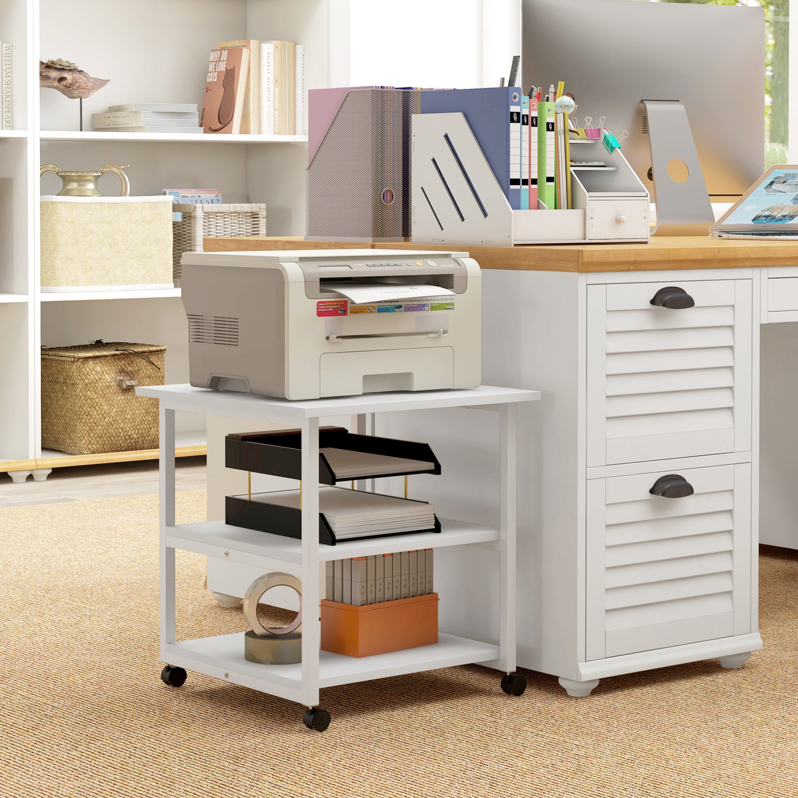 Mobile Printer Stand With Storage Printer Table Home Office | One Size | White