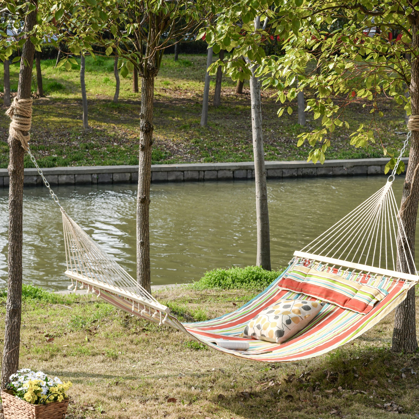 Double Cotton Hammock Camping Stripe Hanging Bed With Pillow