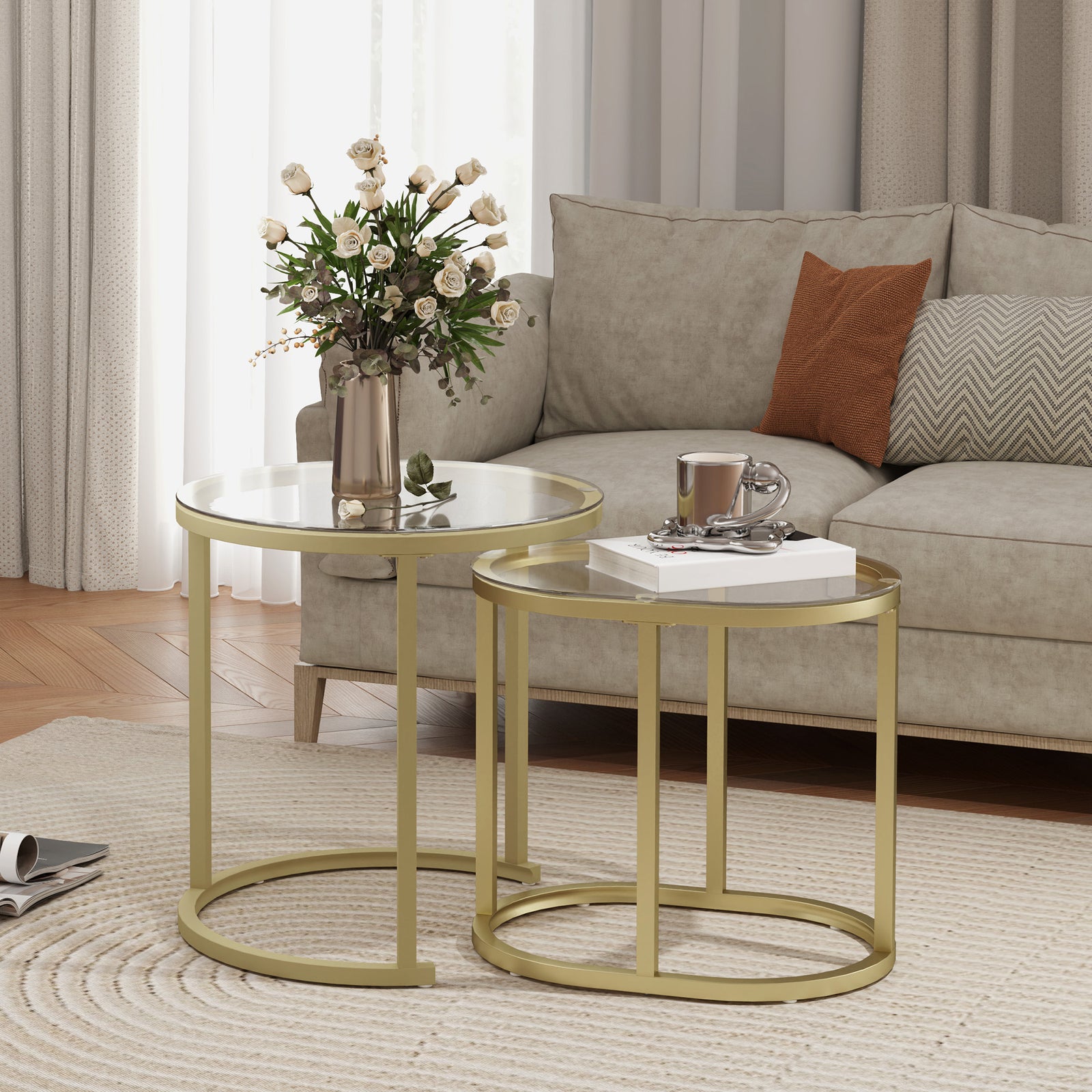 2 Pcs Modern Coffee Table With Tempered Glass Side Tables | Clear