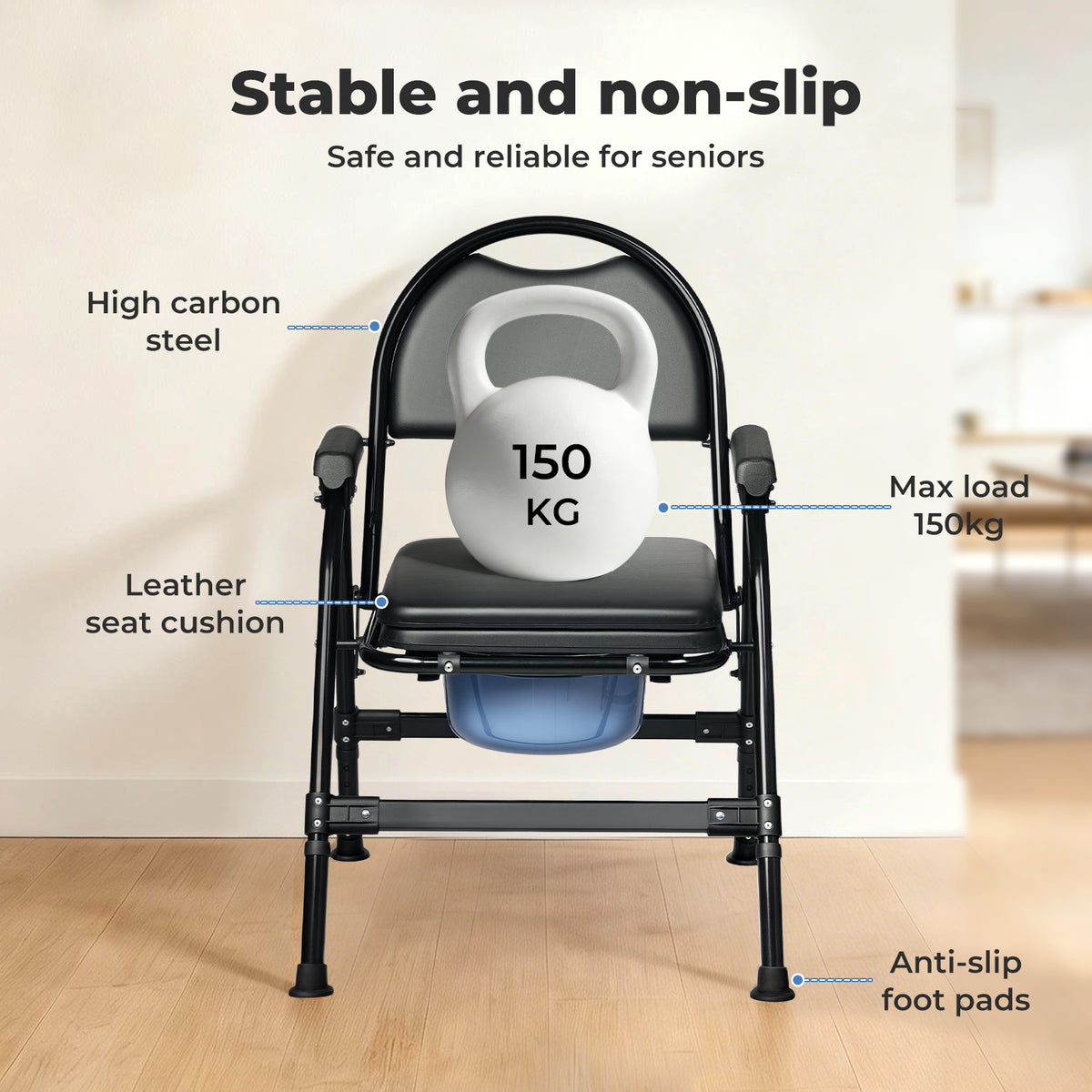 Commode Toliet Chair For Disabled Folding Adjustable Remmoveable Seat | Black