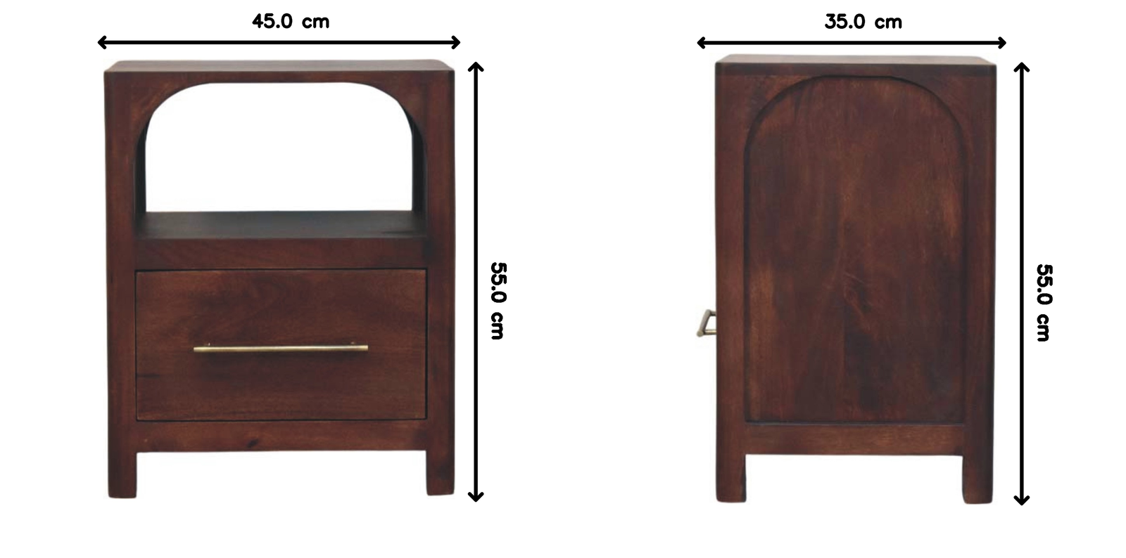 Arched Edge 1 Drawer and 1 Open Shelf Bedside, Warm Brown