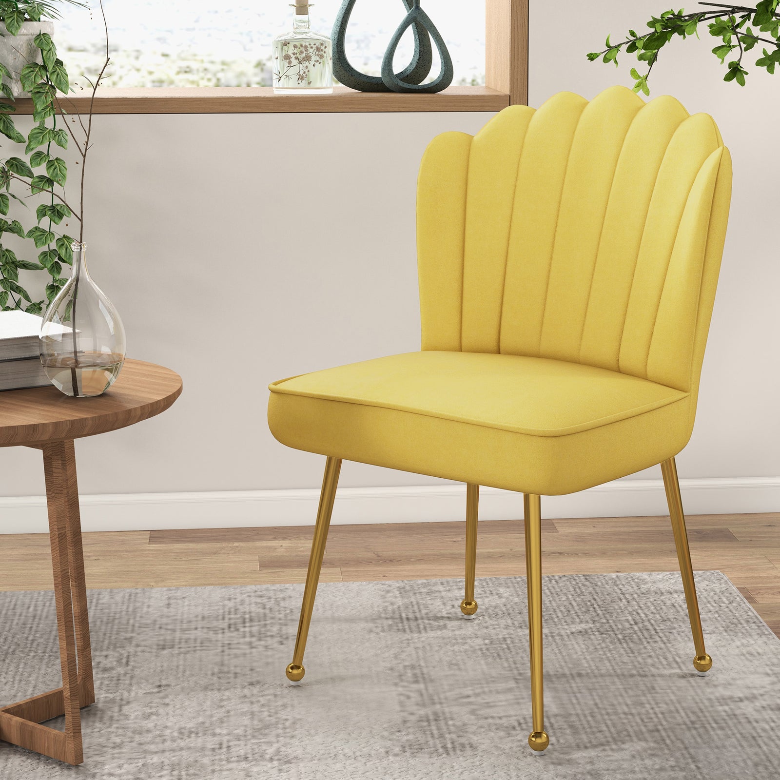 Velvet-feel Shell Accent Chair Bedroom Lounge Metal Legs | One Size | Yellow
