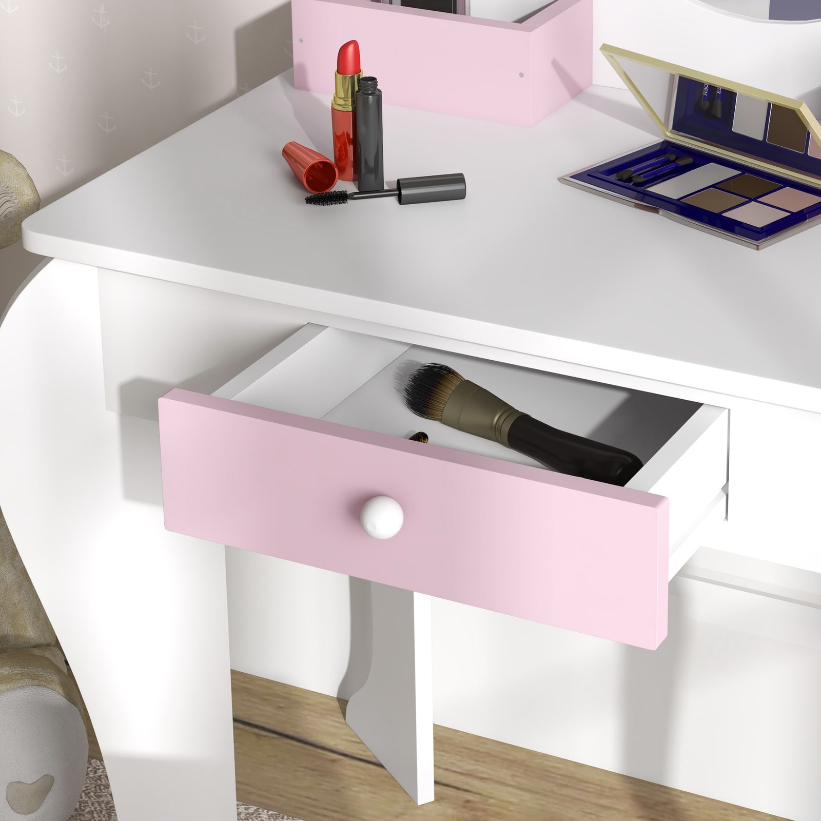Kids Dressing Table With Mirror And Stool, Unicorn Design, For Ages 3-6 Years | White