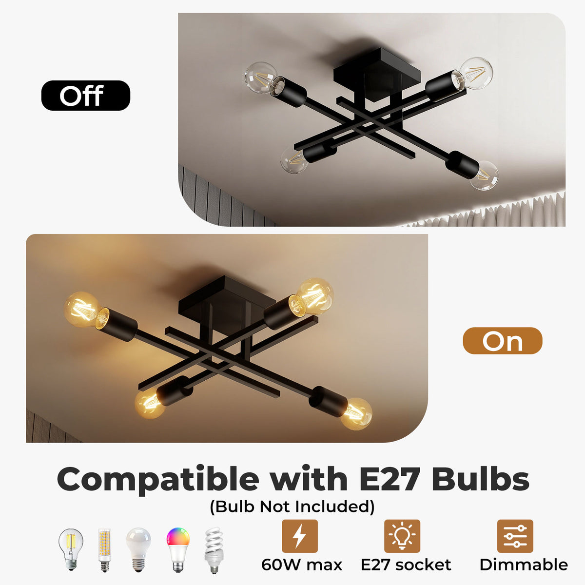 Emitto Semi Flush Mount Ceiling Light Fixture 4 Light E27 Socket