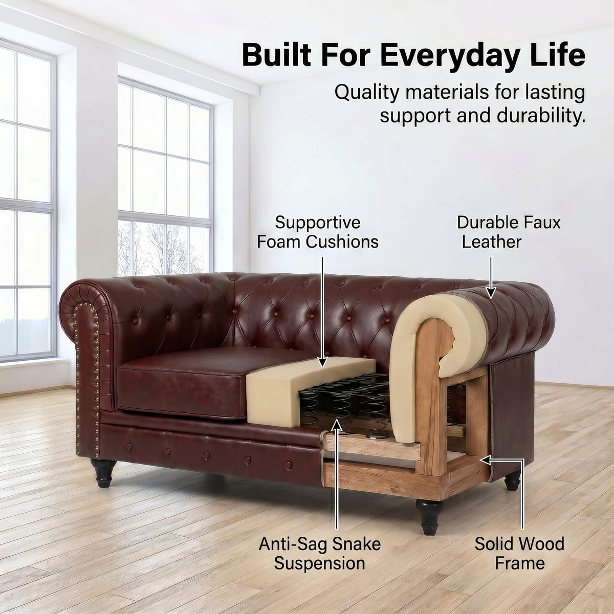Chesterfield Scroll Arm Faux Leather Sofa 2 Seater | Brown