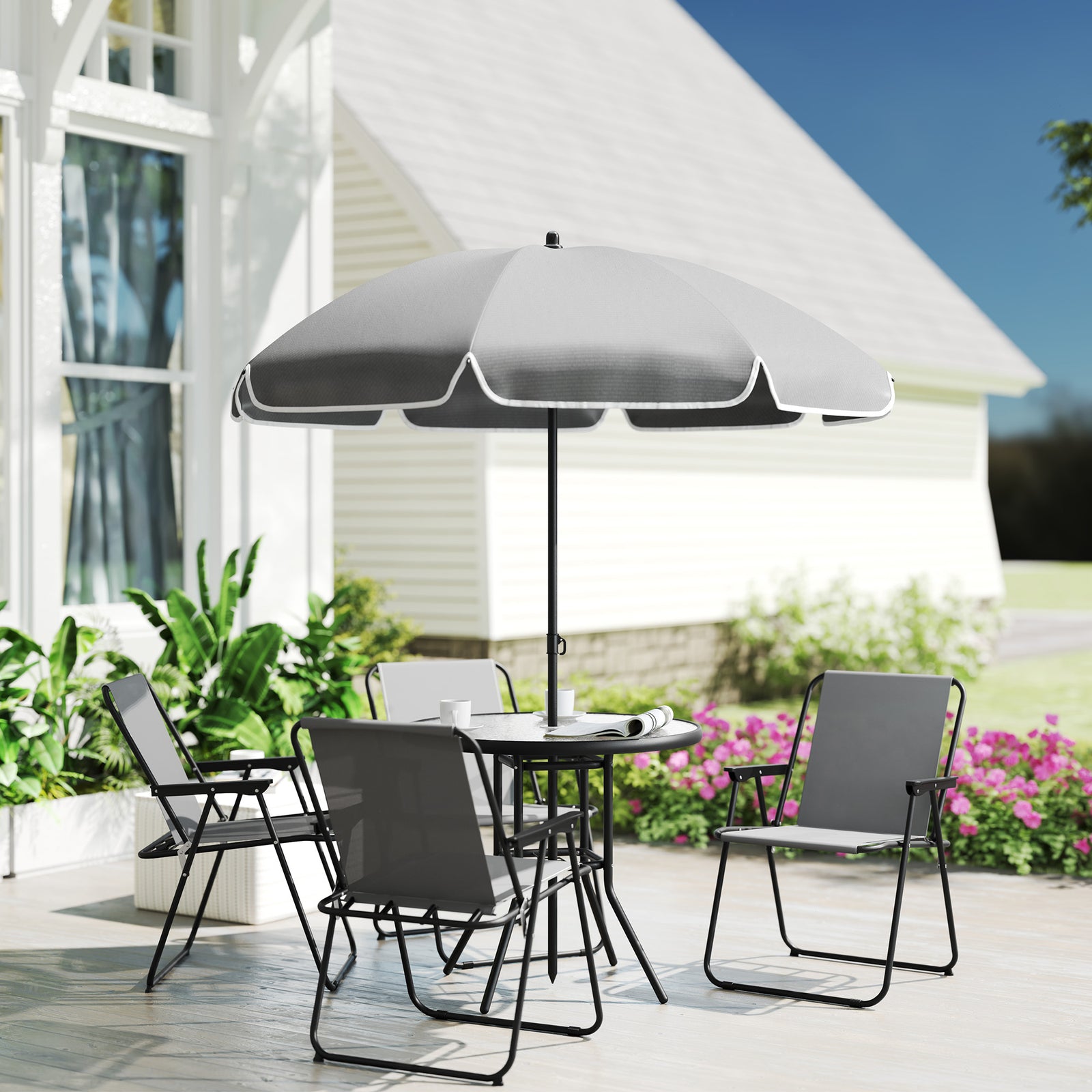 6 Pieces Garden Furniture Set W/ Parasol, Folding Chairs | Gray