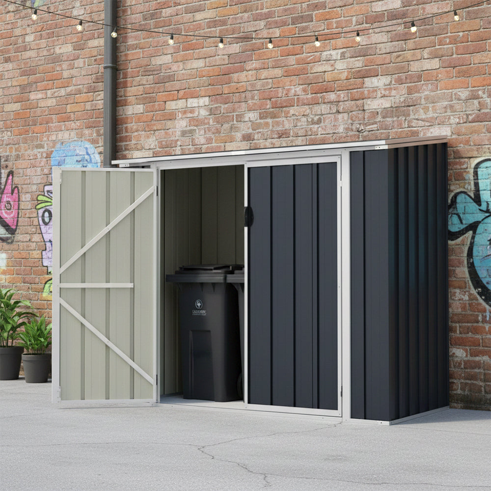 Outdoor Metal Storage Shed For Garbage Bins, Lockable Trash Can Storage With Pent Roof