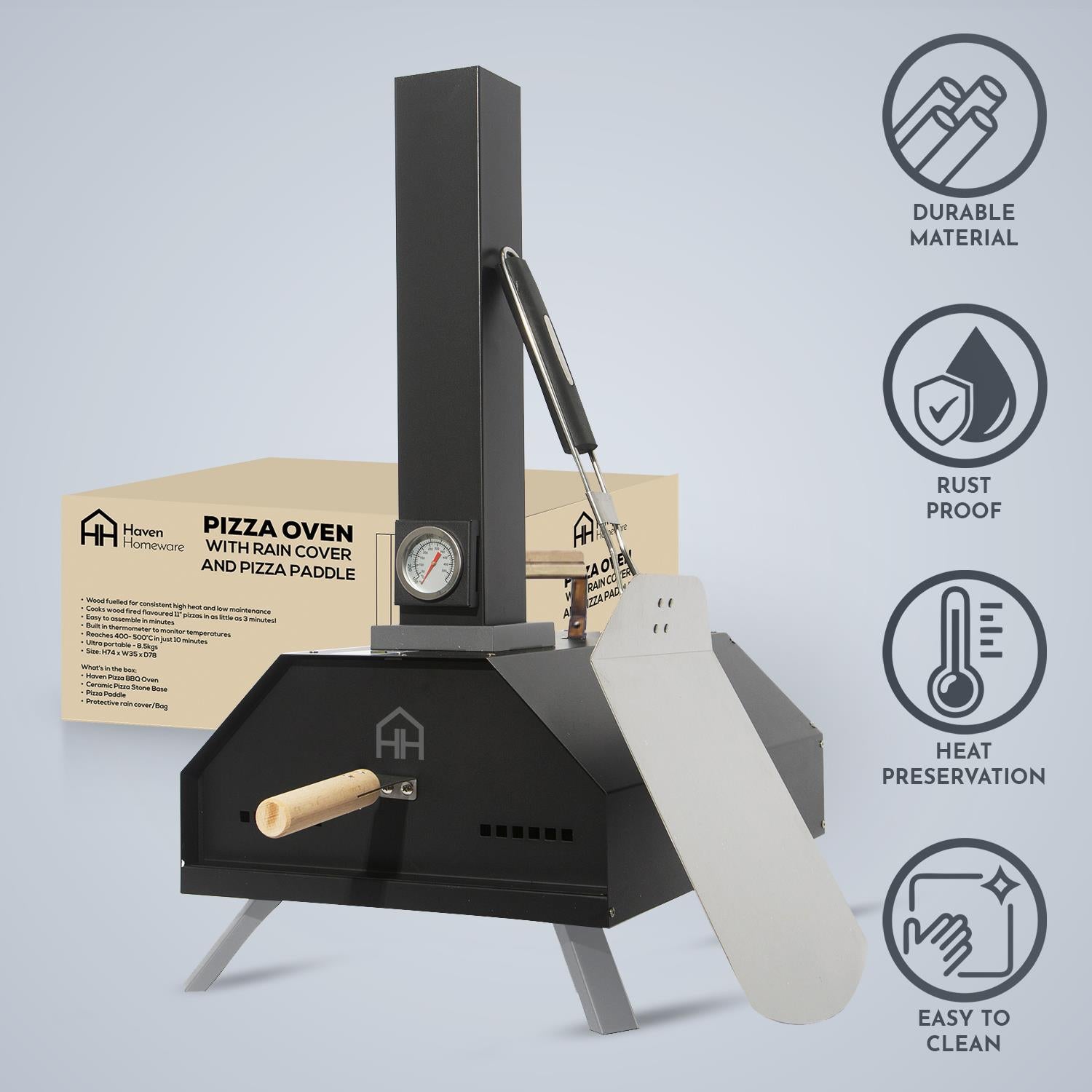Outdoor Wood Fired Pizza Oven With Pizza Stone, Pizza Paddle & Rain Cover