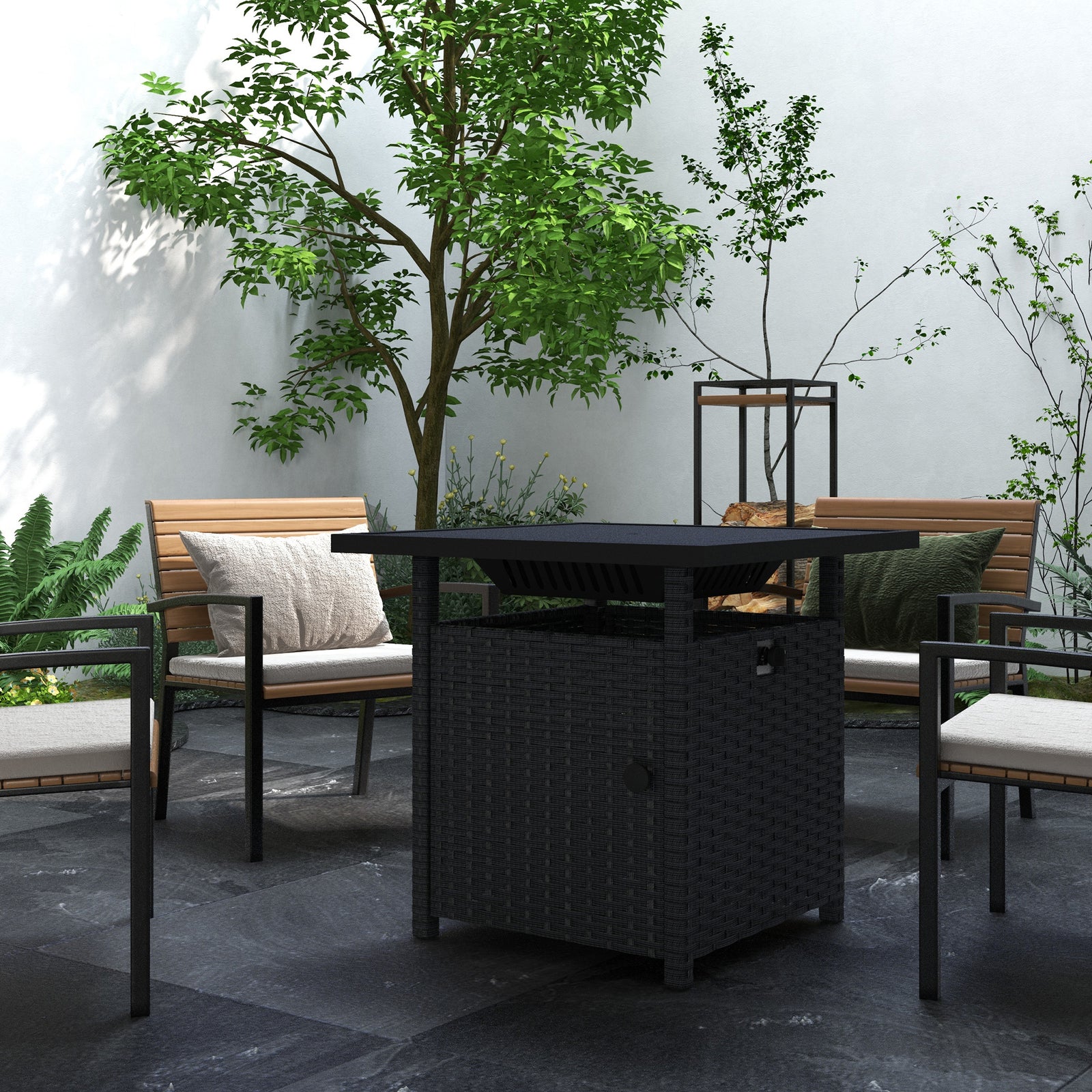 72.5cm Pe Rattan Fire Pit Table For Garden With Rain Cover | Black