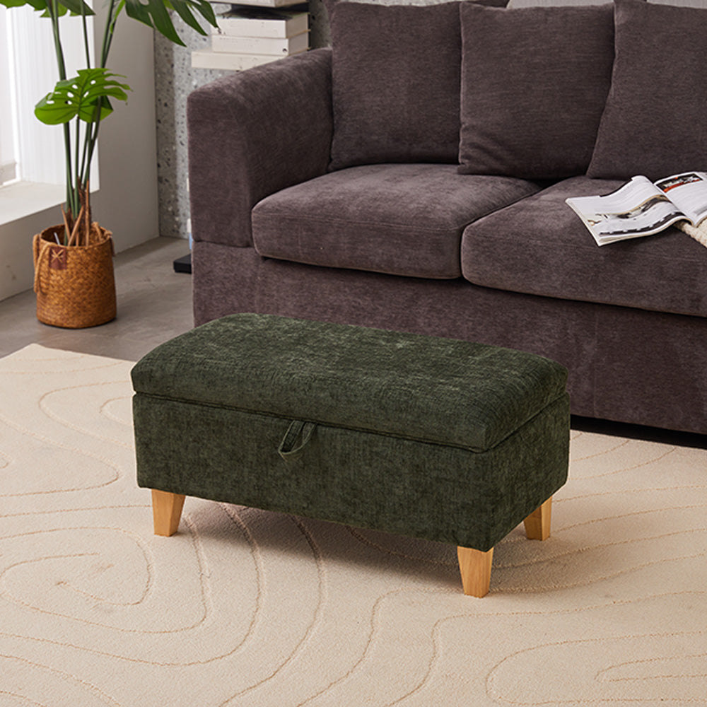 Chenille Upholstered Storage Ottoman Compact Footstool With Hidden Storage | Large | Green
