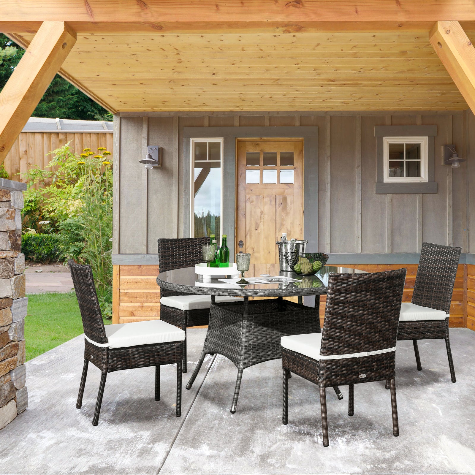 Rattan Garden Chairs W/ Cushion, Wicker Dining Chairs | Set of 4 | Brown