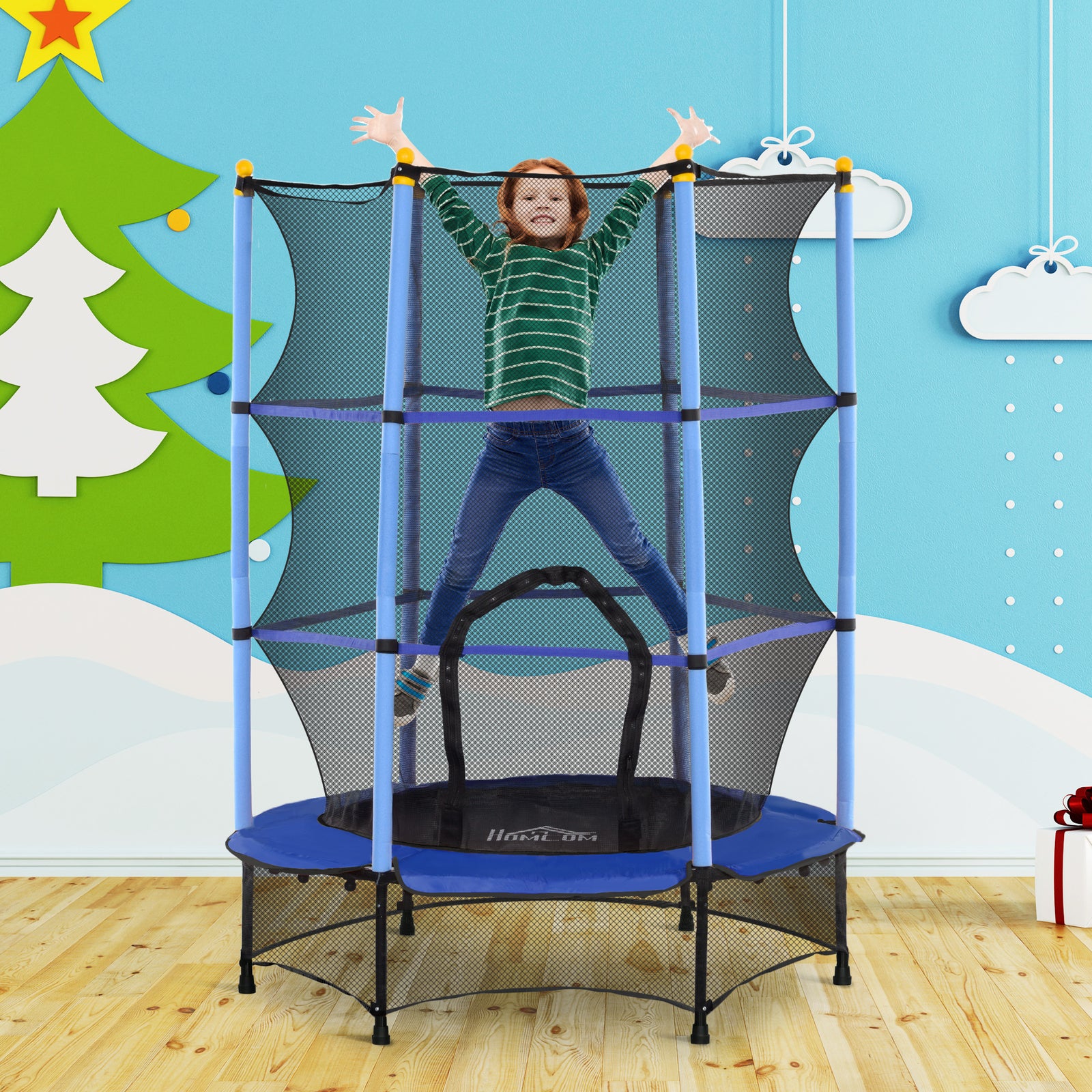 4.6ft/75" Kids Trampoline With Safety Enclosure, Indoor Outdoor | Blue