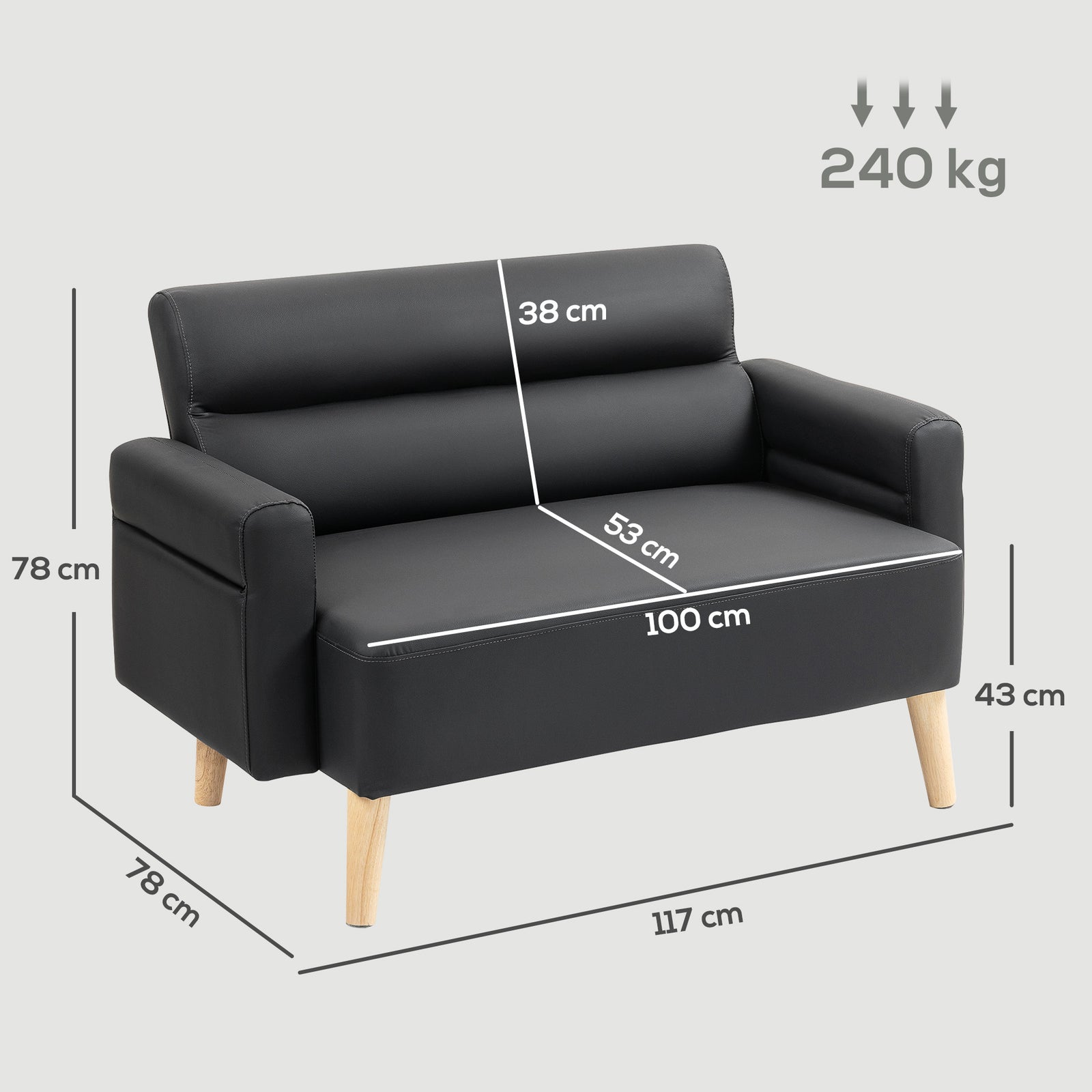 2 Seater Sofa Settee, Modern Faux Leather Couch With Wood Legs