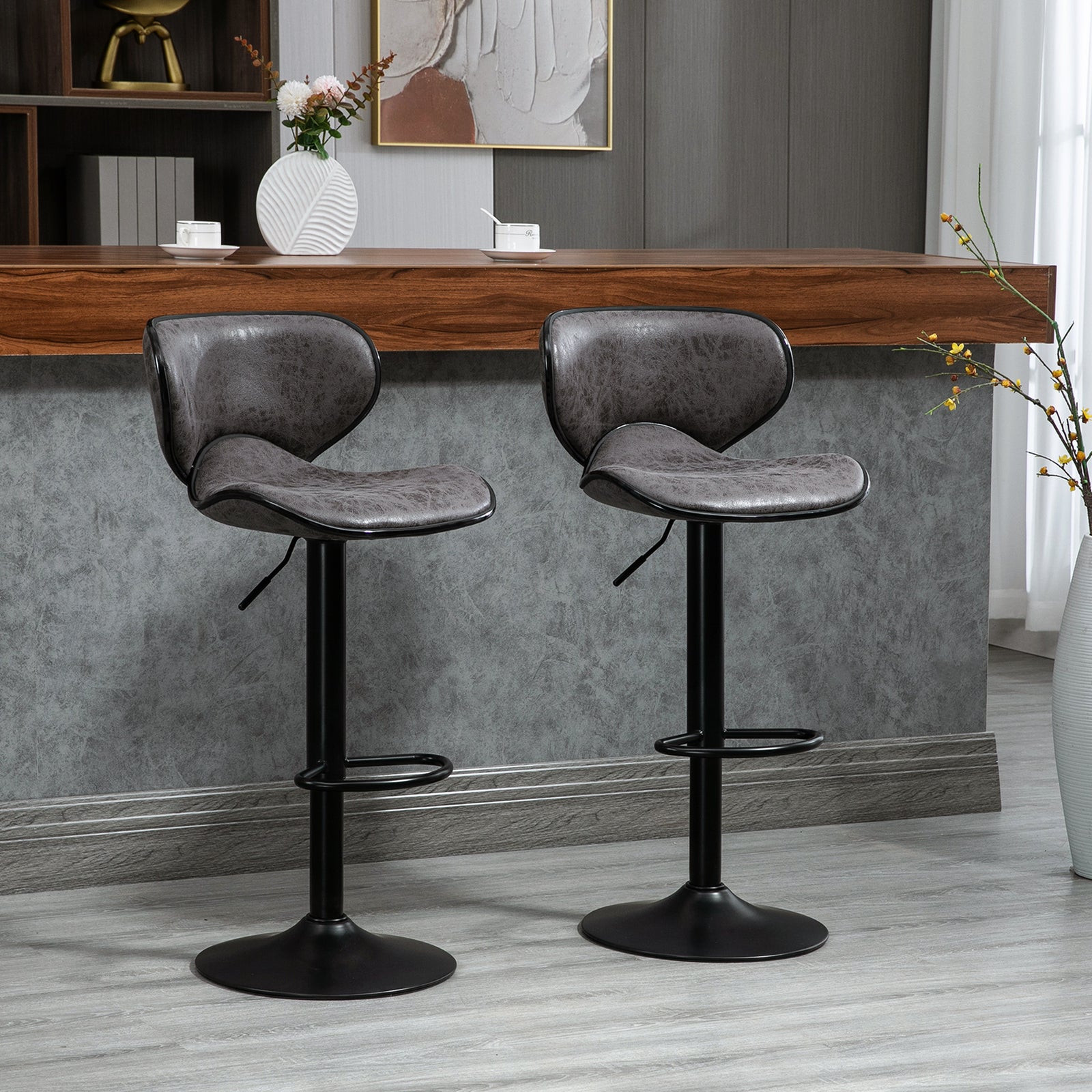 Bar Stool Set Of 2 Microfiber Adjustable | Dark Gray