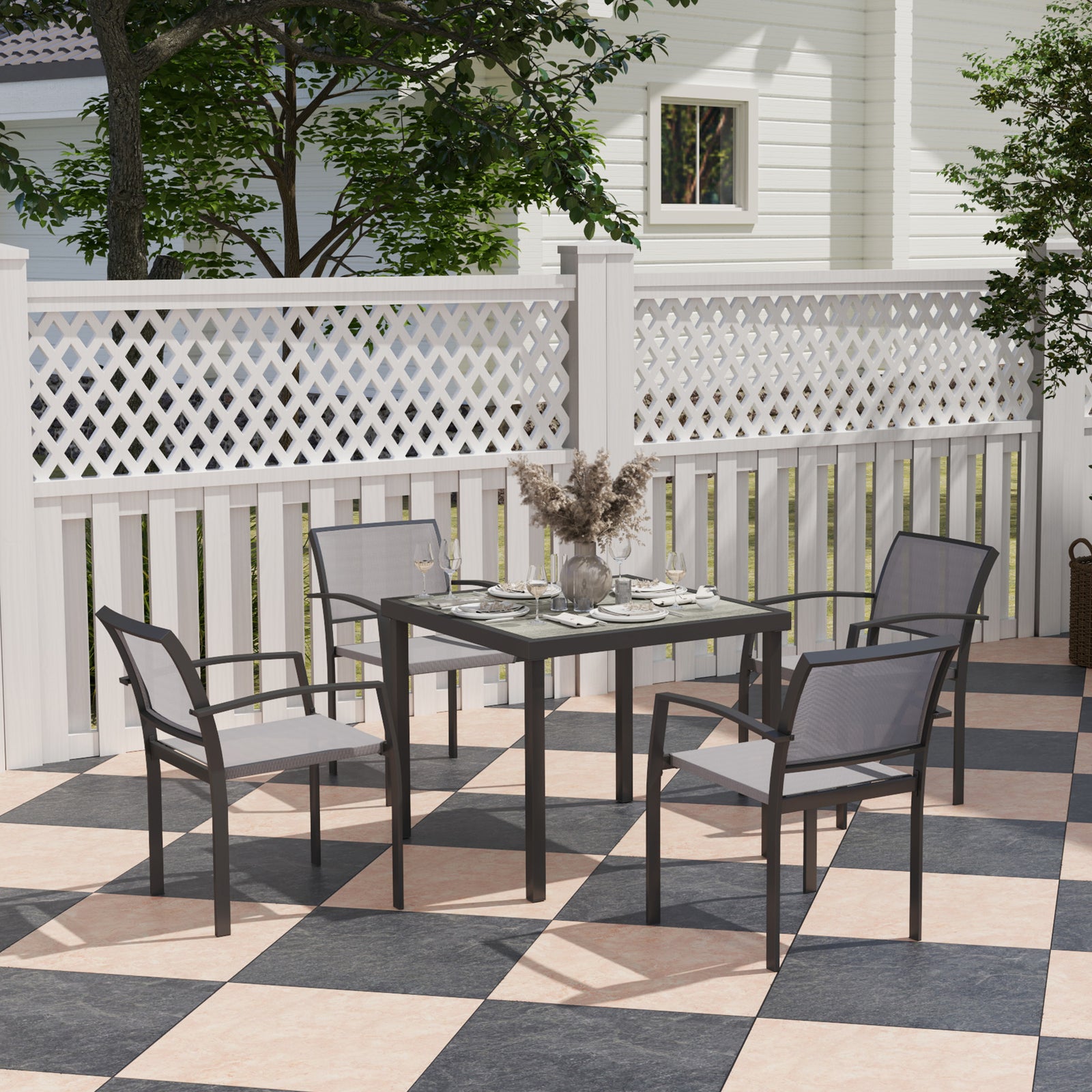 5 Piece Garden Furniture Set With 4 Stackable Armchairs