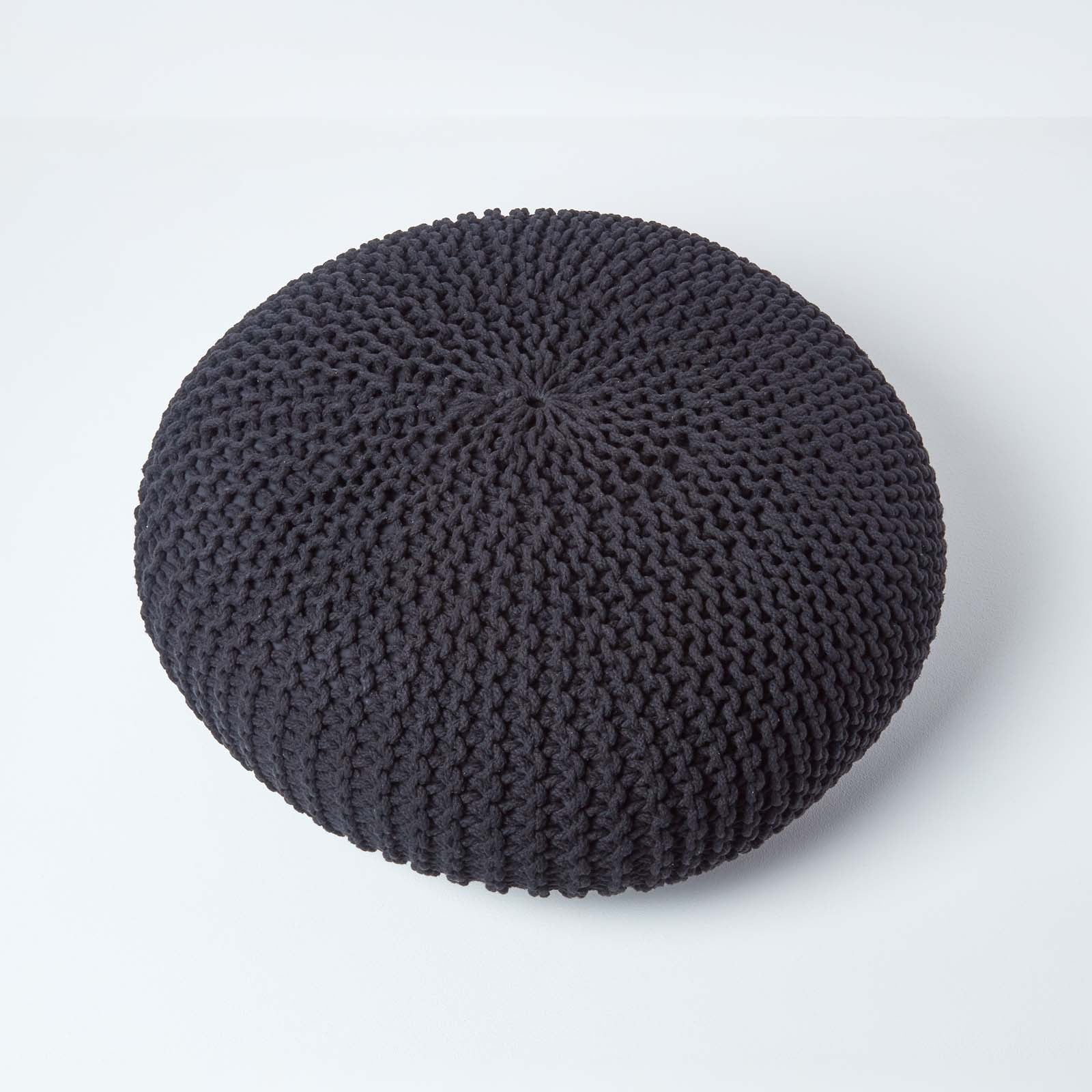 HOMESCAPES Black Large Round Cotton Knitted Pouffe Footstool