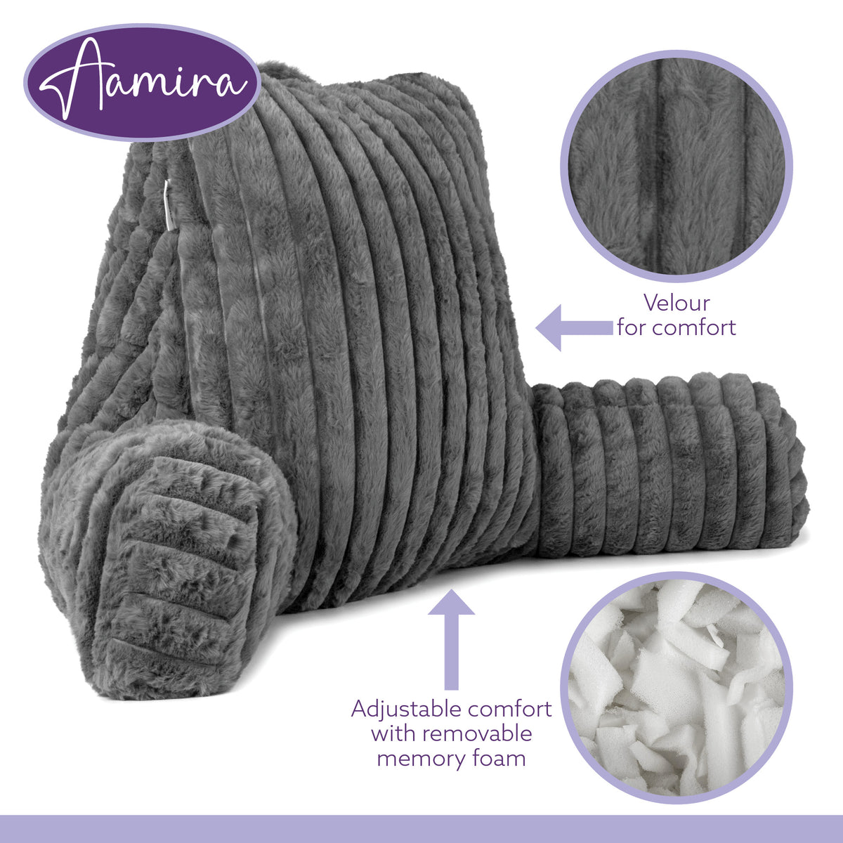 Deluxe Large Reading Pillow, Soft Ribbed Faux Fur, Shredded Memory Foam Cuddle Cuddle Cushion Backrest Arm Support | L | Grey