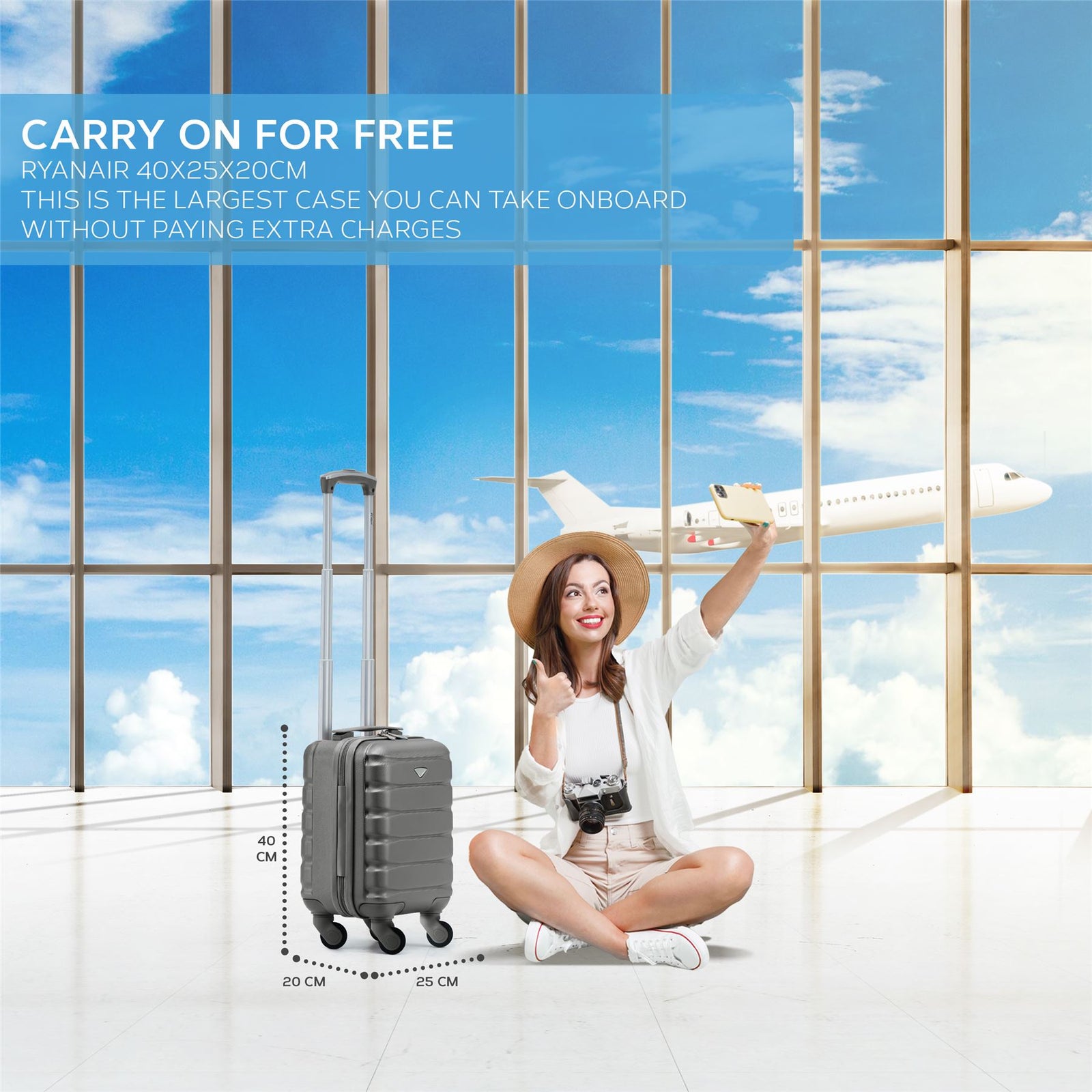 40x20x25cm Cabin Carry-on Suitcase - Lightweight, Durable, 4-wheel Luggage - 100+ Airlines Approved | Cabin | Charcoal