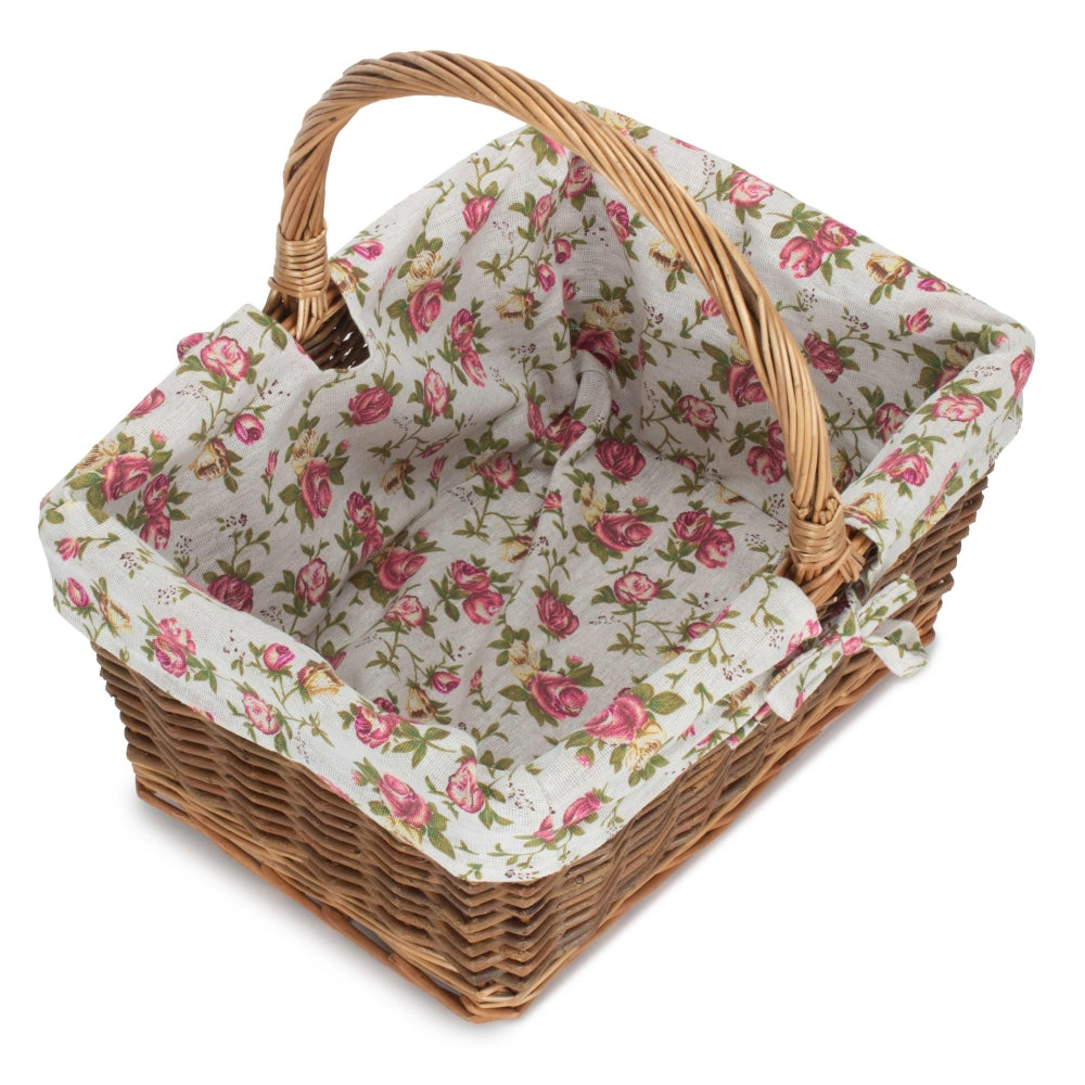 Rectangular Unpeeled Willow Shopping Basket With Garden Rose Lining | Large | Pink