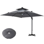 3m Double-tier Square Solar Led Patio Umbrella, Adjustable Height, 360° Rotation With Foot Pedal, Includes Cross Base And Round Fillable Bases