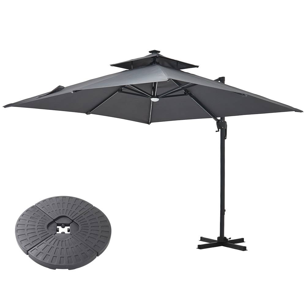 3m Double-tier Square Solar Led Patio Umbrella, Adjustable Height, 360° Rotation With Foot Pedal, Includes Cross Base And Round Fillable Bases