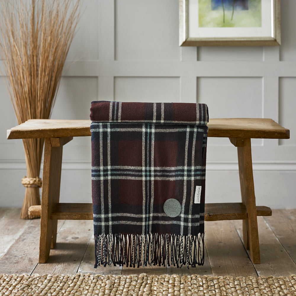 Broden Tartan Faux Cashmere Large Throw | Burgundy