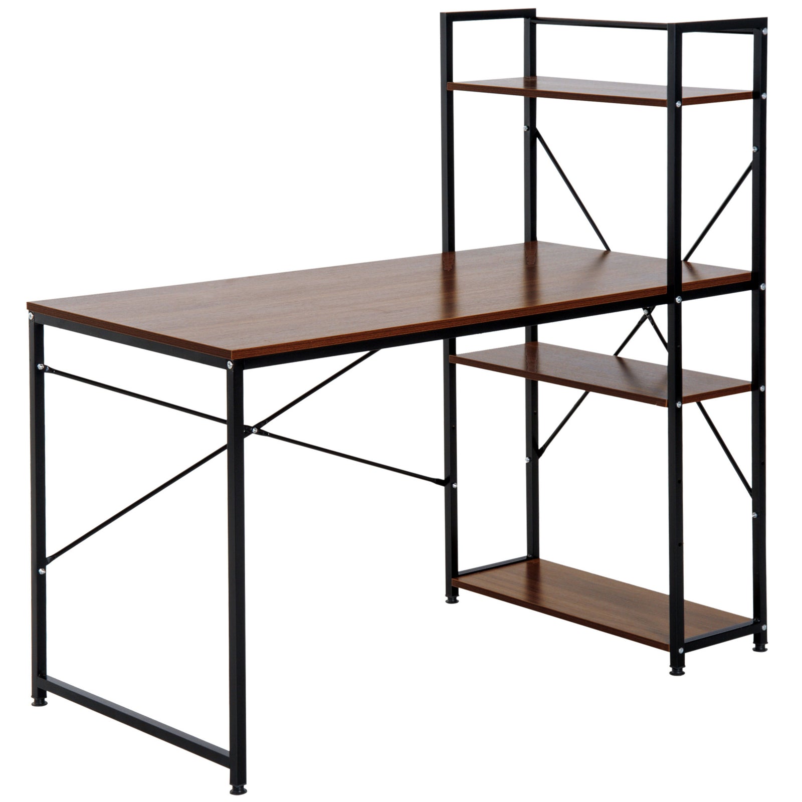 Computer Desk Laptop Table W/4-tier Bookshelf Metal Frame | Brown