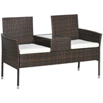 Rattan Garden Bench W/ Glass Table, Wicker Chair, Cushions | Brown