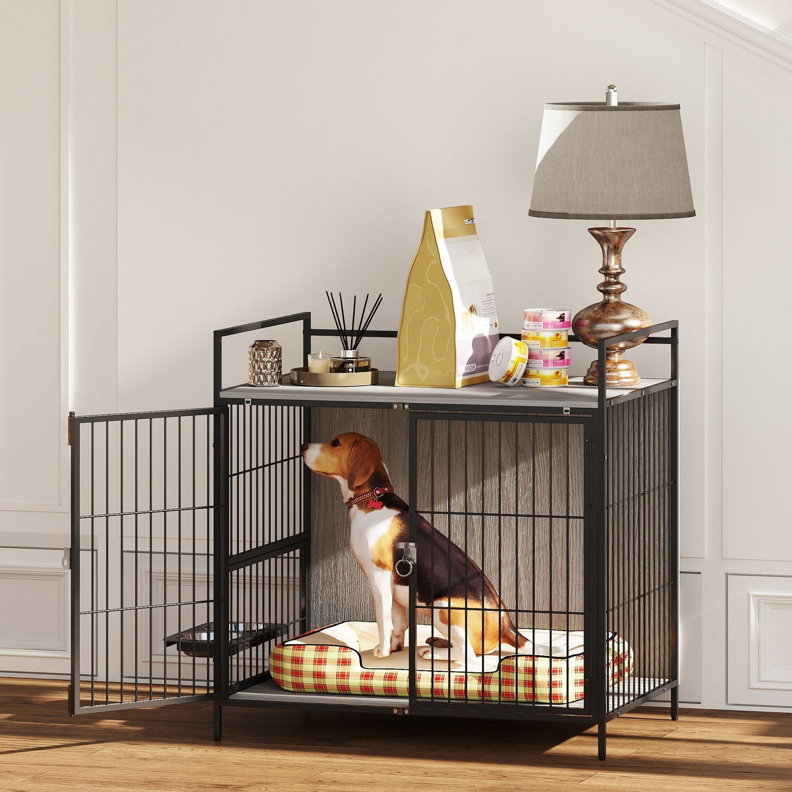 Pawhut Dog Crate Furniture With Rotating Bowl Holder For Medium Dogs, Grey