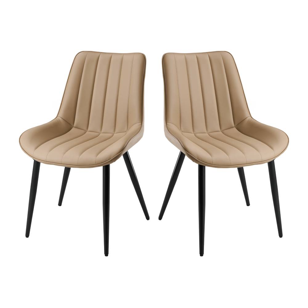 Set Of 2/4 Pu Leather Dining Chairs – Quilted Light Brown Upholstery, Wooden Frame, Metal Legs | Set of 2 | Light Brown