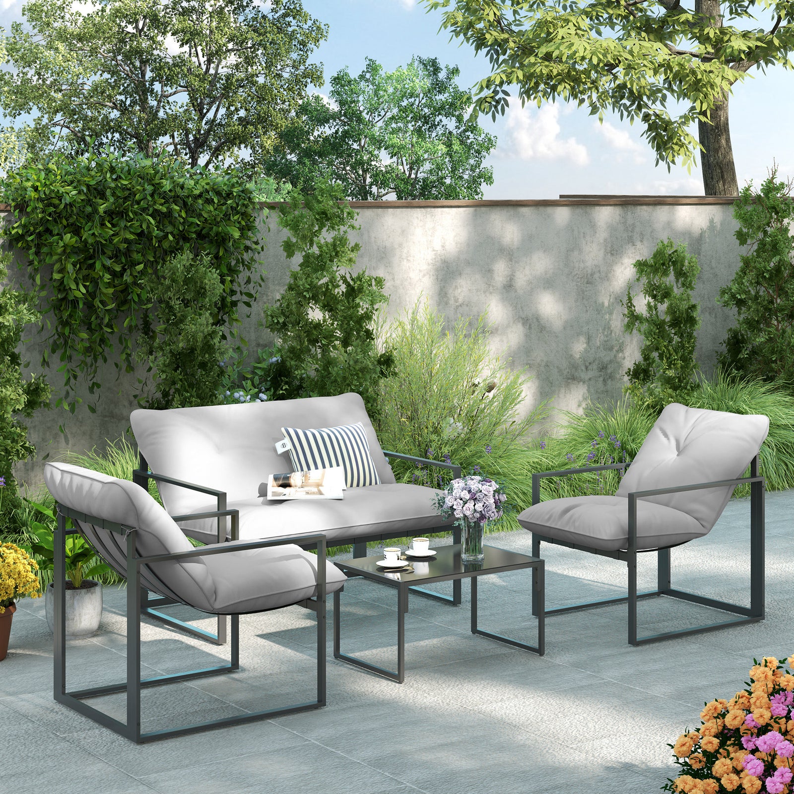 4-piece Grey Garden Sofa Set With Table