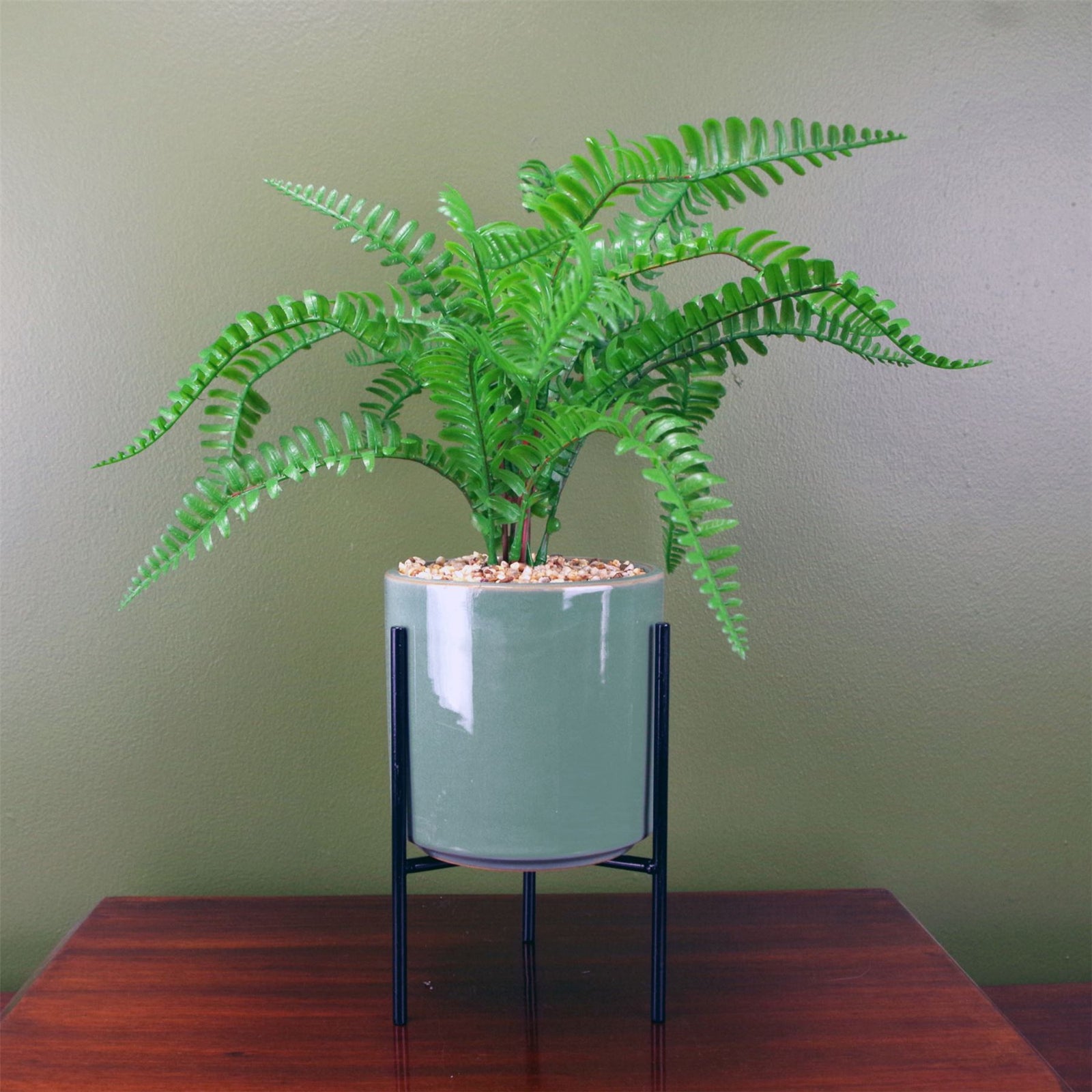 Artificial 40cm Fern Plant With Ceramic Planter Stand