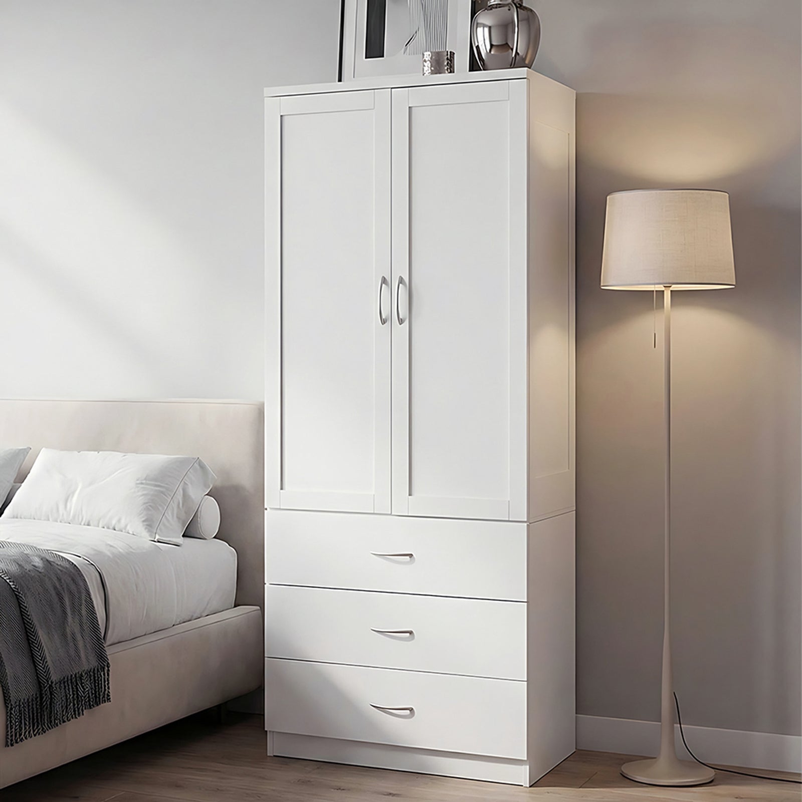 2-door Wardrobe With 3 Drawers & Hanging Rail | White
