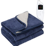 Heated Electric Throw 9h Timer 9 Heat Setting Shearling Fleece Blanket | Single | Navy Blue
