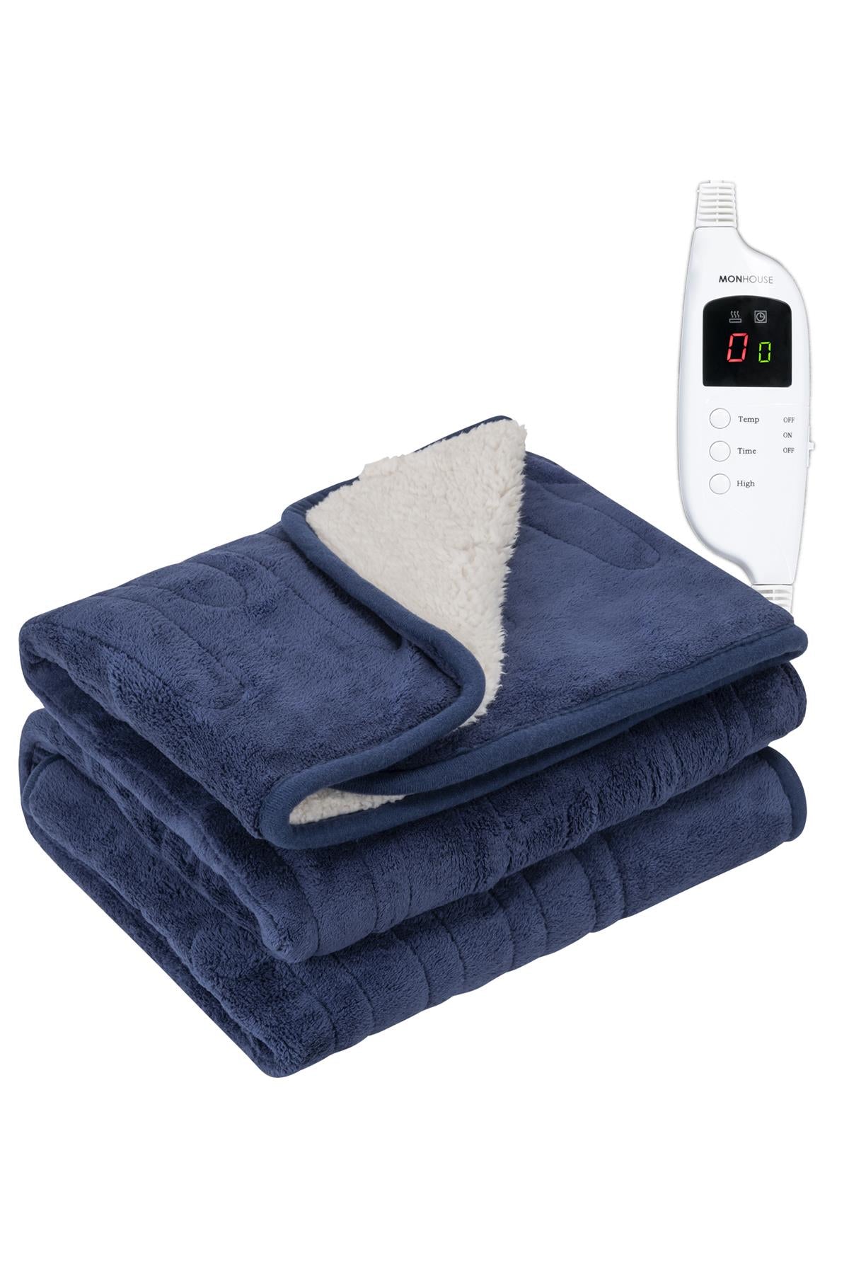 Heated Electric Throw 9h Timer 9 Heat Setting Shearling Fleece Blanket | Single | Navy Blue