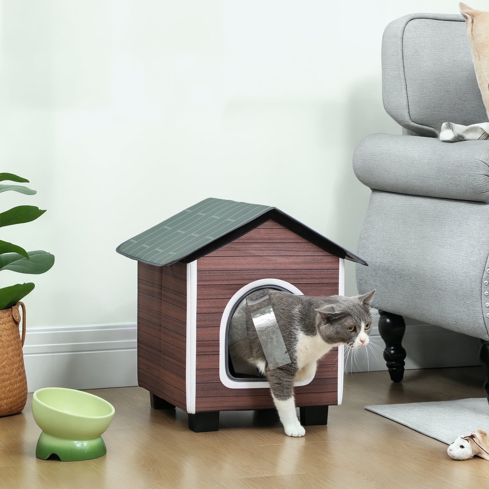 PawHut Outdoor Cat House With Elevated Base, Cushion, Red-brown