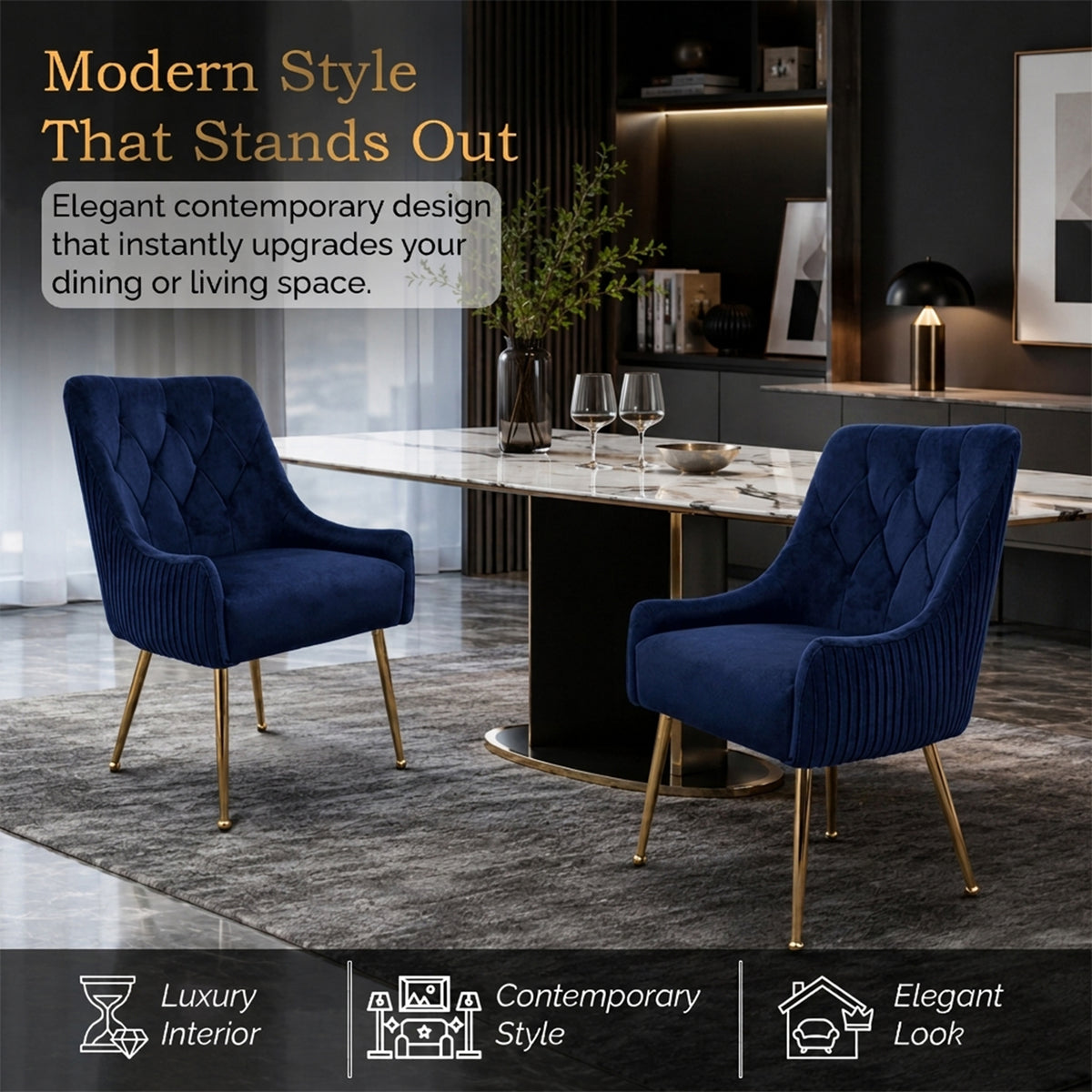 Dining Chairs Upholstered Tufted Velvet Kitchen Chairs | Set of 2 | Blue
