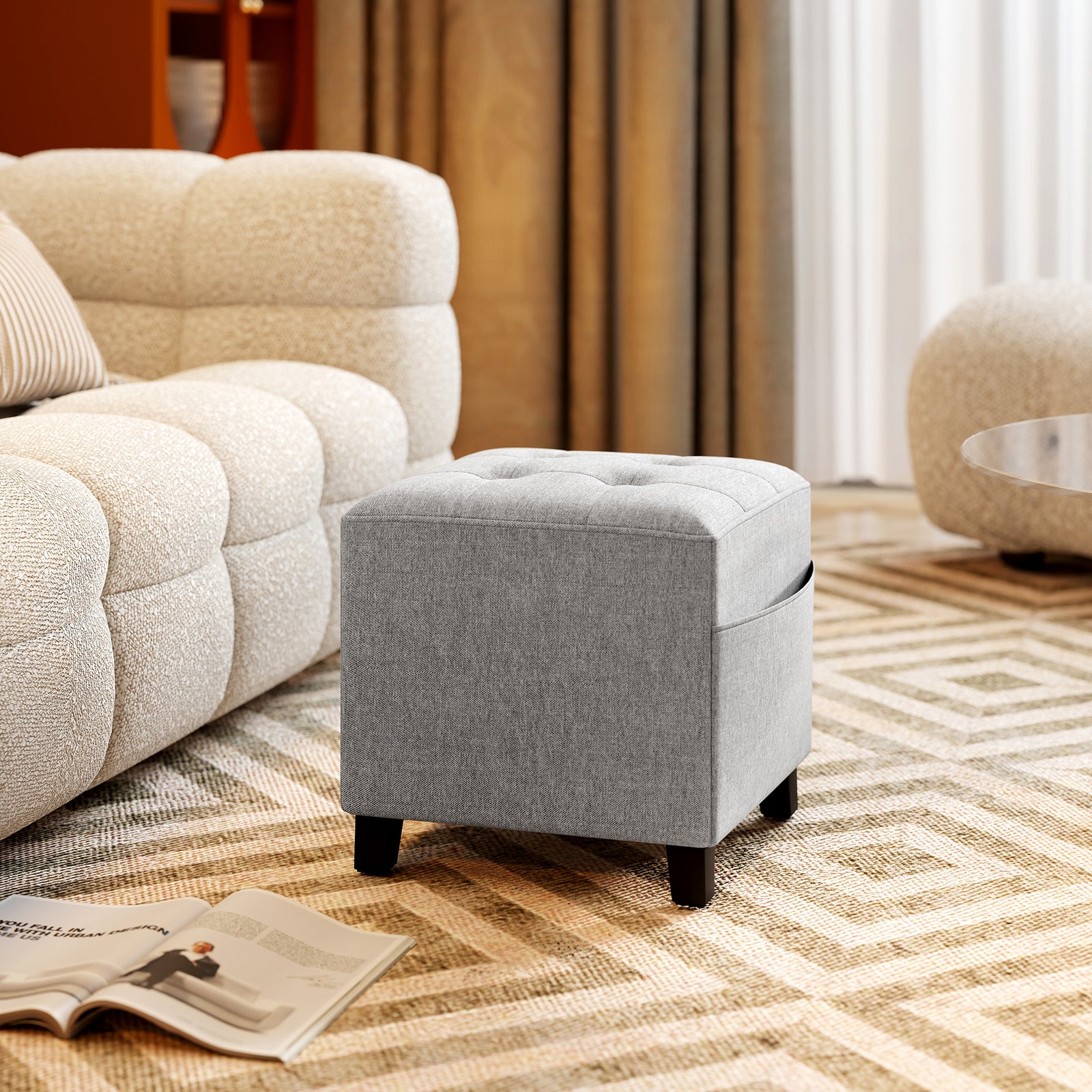HOMCOM Small Footstool Square Ottoman With Padded Seat, Light Grey