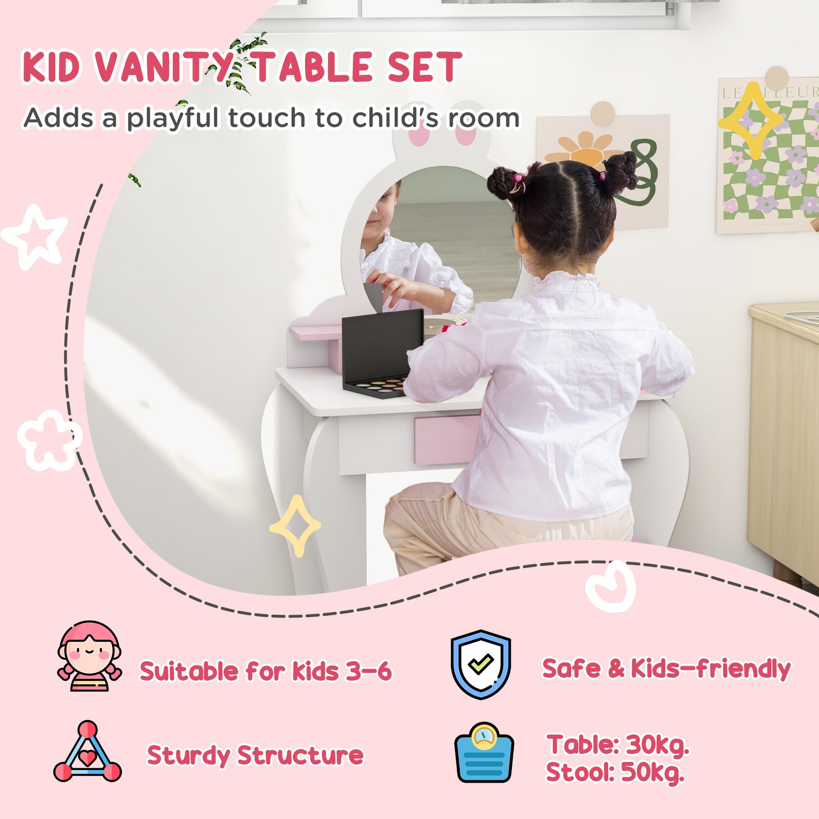 Kids Dressing Table With Mirror And Stool, Rabbit Design, For Ages 3-6 Years | White